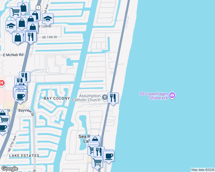 map of restaurants, bars, coffee shops, grocery stores, and more near 2051 Waters Edge in Pompano Beach
