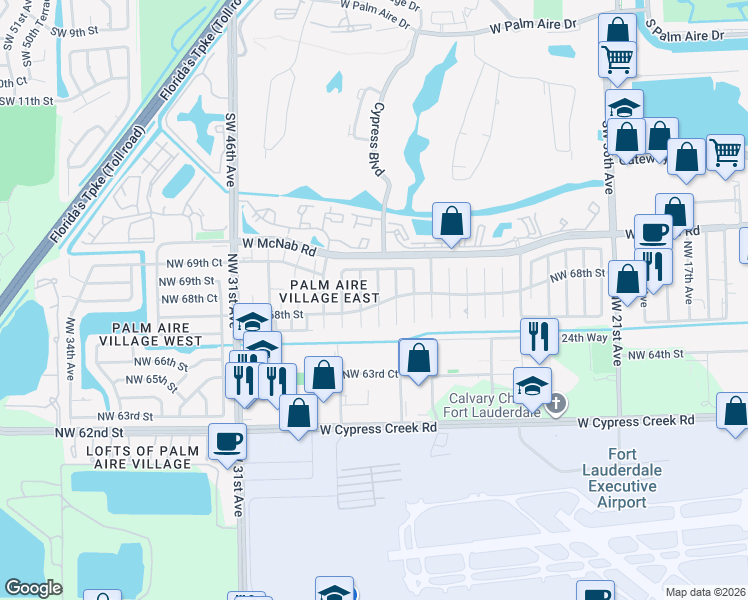 map of restaurants, bars, coffee shops, grocery stores, and more near 6848 Northwest 28th Terrace in Fort Lauderdale