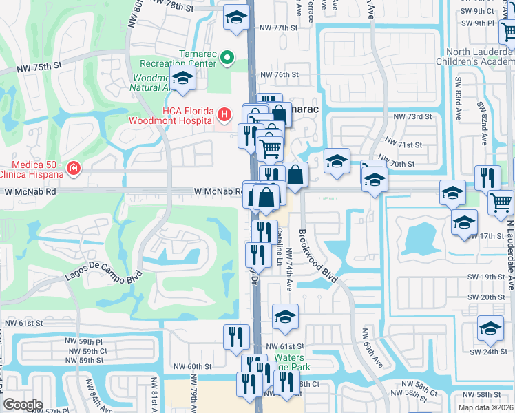 map of restaurants, bars, coffee shops, grocery stores, and more near 6900 North University Drive in Tamarac