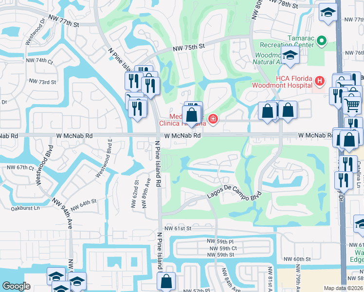 map of restaurants, bars, coffee shops, grocery stores, and more near 8731 Cypress Walk Court in Tamarac