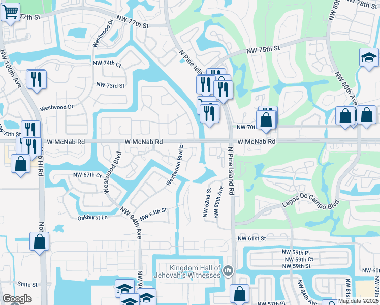 map of restaurants, bars, coffee shops, grocery stores, and more near 9081 East Westwood Boulevard in Tamarac