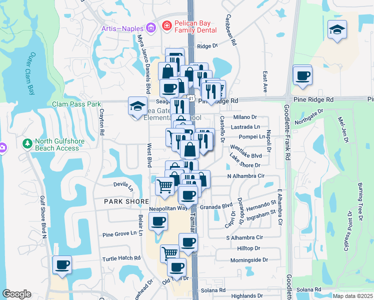 map of restaurants, bars, coffee shops, grocery stores, and more near 4951 Tamiami Trail North in Naples