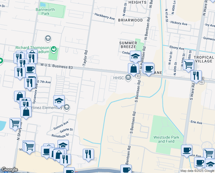 map of restaurants, bars, coffee shops, grocery stores, and more near 211 South 48th Lane in McAllen