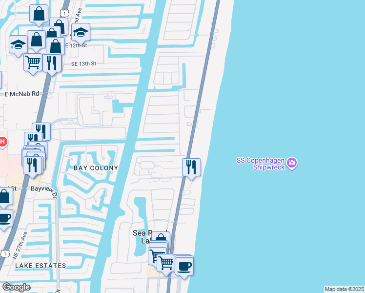 map of restaurants, bars, coffee shops, grocery stores, and more near 2051 Waters Edge in Pompano Beach