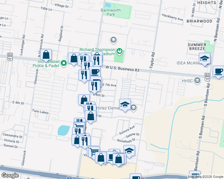 map of restaurants, bars, coffee shops, grocery stores, and more near 2435 Leanna Denae Avenue in Mission