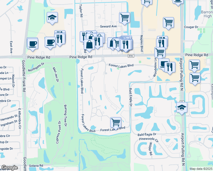 map of restaurants, bars, coffee shops, grocery stores, and more near 200 Quail Forest Boulevard in Naples
