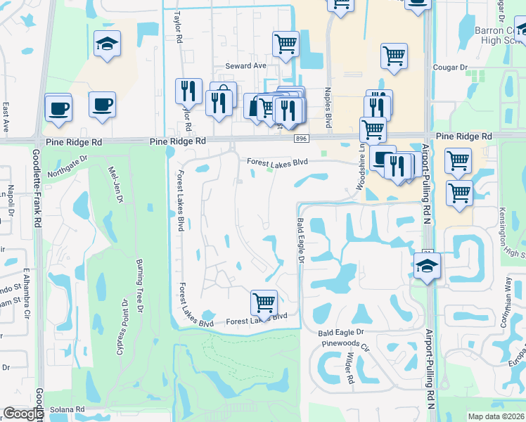 map of restaurants, bars, coffee shops, grocery stores, and more near 170 Turtle Lake Court in Naples
