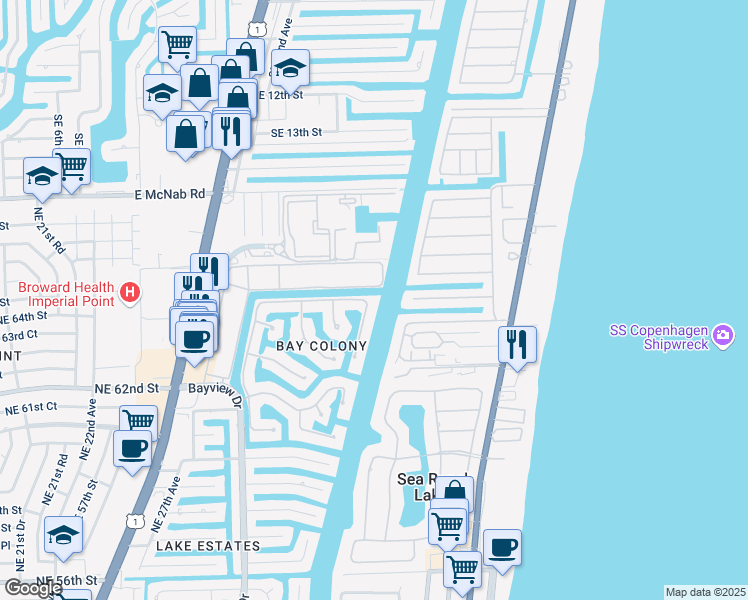 map of restaurants, bars, coffee shops, grocery stores, and more near 20 Bay Club Drive in Fort Lauderdale