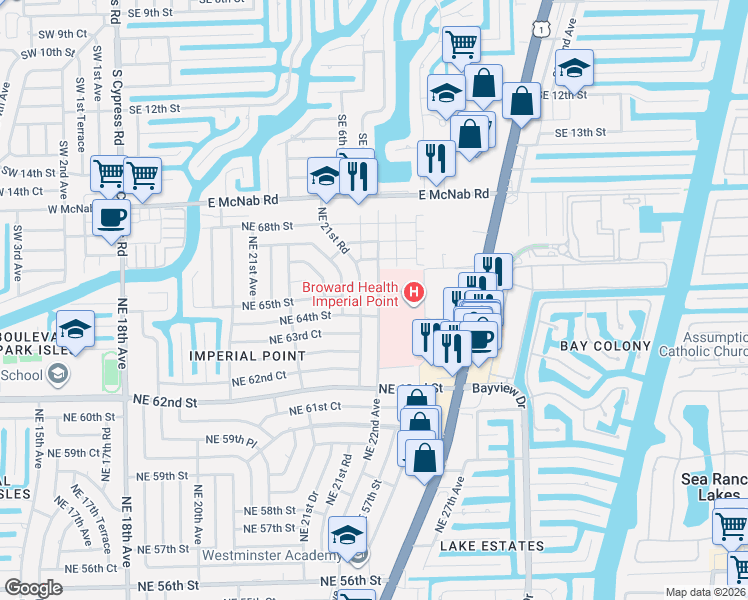 map of restaurants, bars, coffee shops, grocery stores, and more near 6520 Northeast 22nd Avenue in Fort Lauderdale