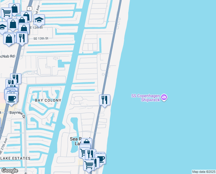 map of restaurants, bars, coffee shops, grocery stores, and more near 1825 South Ocean Boulevard in Pompano Beach