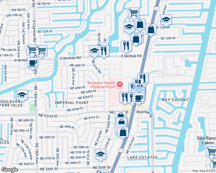 map of restaurants, bars, coffee shops, grocery stores, and more near 6520 Northeast 22nd Avenue in Fort Lauderdale