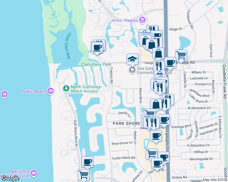 map of restaurants, bars, coffee shops, grocery stores, and more near 5051 Seagate Drive in Naples