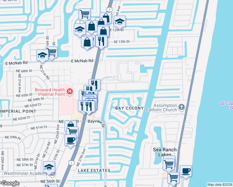 map of restaurants, bars, coffee shops, grocery stores, and more near 6317 Bay Club Drive in Fort Lauderdale