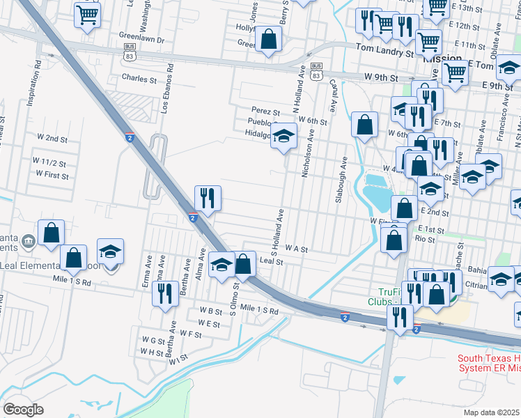 map of restaurants, bars, coffee shops, grocery stores, and more near 821 West First Street in Mission