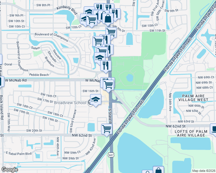 map of restaurants, bars, coffee shops, grocery stores, and more near 6892 Southwest 15th Street in North Lauderdale