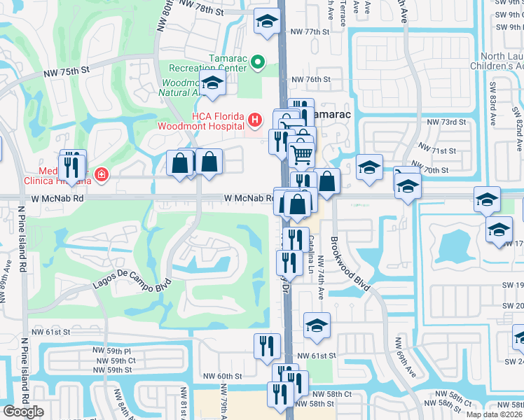 map of restaurants, bars, coffee shops, grocery stores, and more near 7750 West McNab Road in Tamarac