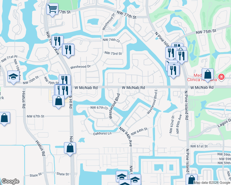 map of restaurants, bars, coffee shops, grocery stores, and more near 106 Northwest 95th Terrace in Tamarac