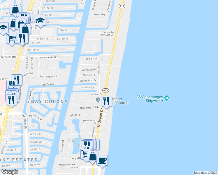 map of restaurants, bars, coffee shops, grocery stores, and more near 1825 South Ocean Boulevard in Pompano Beach
