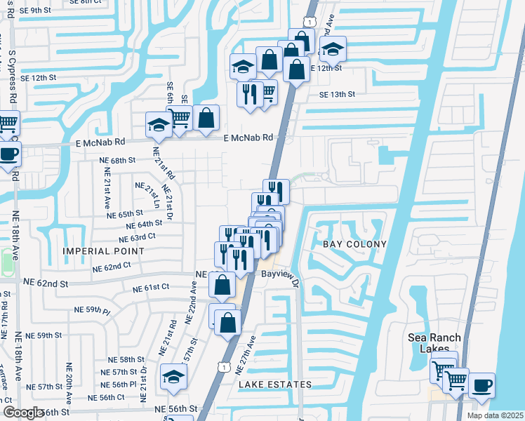map of restaurants, bars, coffee shops, grocery stores, and more near 6500 U.S. Highway 1 in Fort Lauderdale