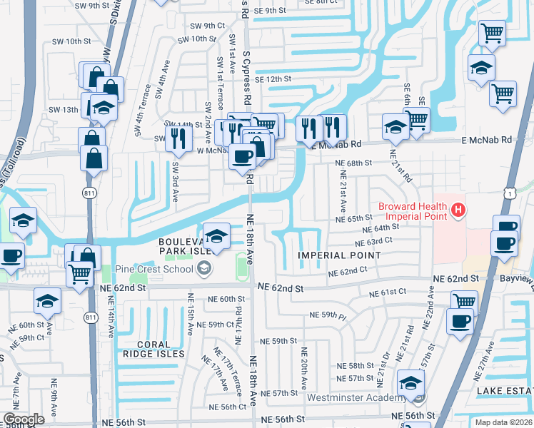 map of restaurants, bars, coffee shops, grocery stores, and more near 1821 Northeast 65th Court in Fort Lauderdale