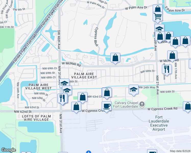 map of restaurants, bars, coffee shops, grocery stores, and more near 6848 Northwest 28th Terrace in Fort Lauderdale