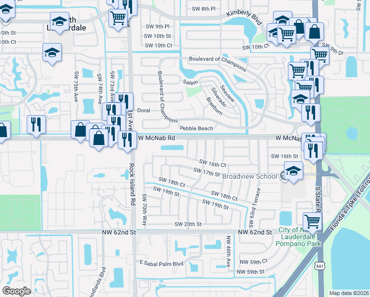 map of restaurants, bars, coffee shops, grocery stores, and more near 1511 Southwest 68th Way in North Lauderdale