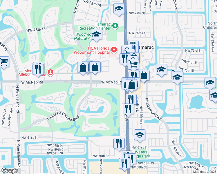 map of restaurants, bars, coffee shops, grocery stores, and more near 7750 West McNab Road in Tamarac