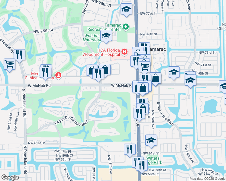 map of restaurants, bars, coffee shops, grocery stores, and more near 7850 West McNab Road in Tamarac