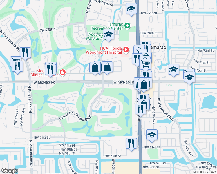 map of restaurants, bars, coffee shops, grocery stores, and more near 7975 West McNab Road in Tamarac