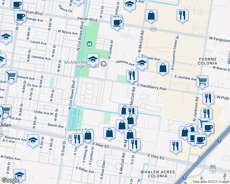 map of restaurants, bars, coffee shops, grocery stores, and more near 400 East Hackberry Avenue in McAllen