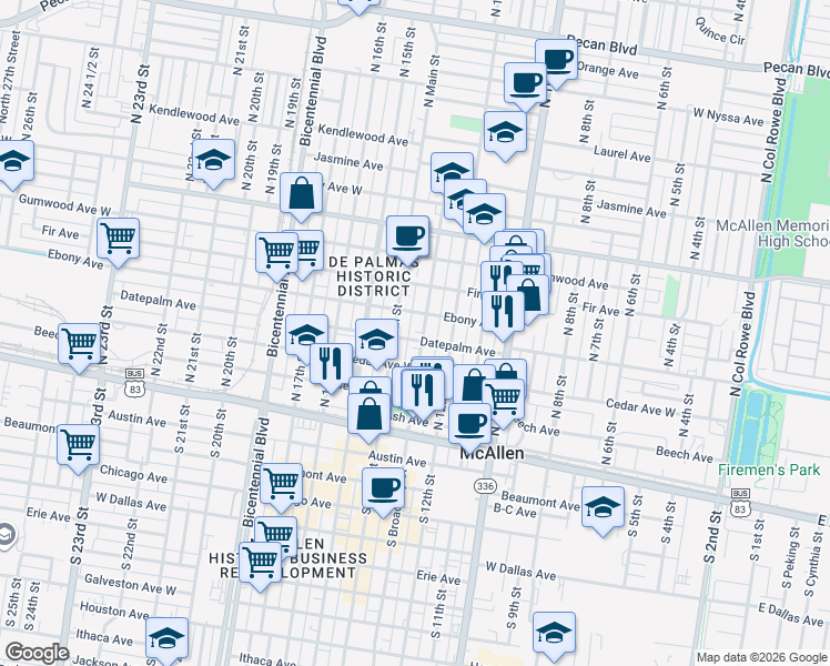 map of restaurants, bars, coffee shops, grocery stores, and more near 412 North Main Street in McAllen