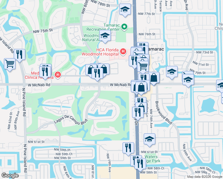 map of restaurants, bars, coffee shops, grocery stores, and more near 7850 West McNab Road in Tamarac