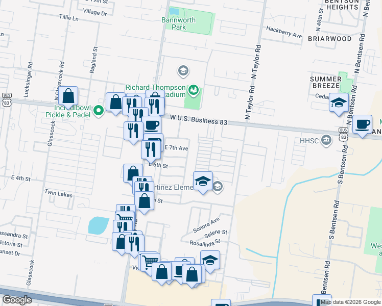 map of restaurants, bars, coffee shops, grocery stores, and more near 2439 East 7 Th in Mission