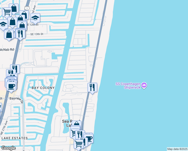 map of restaurants, bars, coffee shops, grocery stores, and more near 1825 South Ocean Boulevard in Pompano Beach