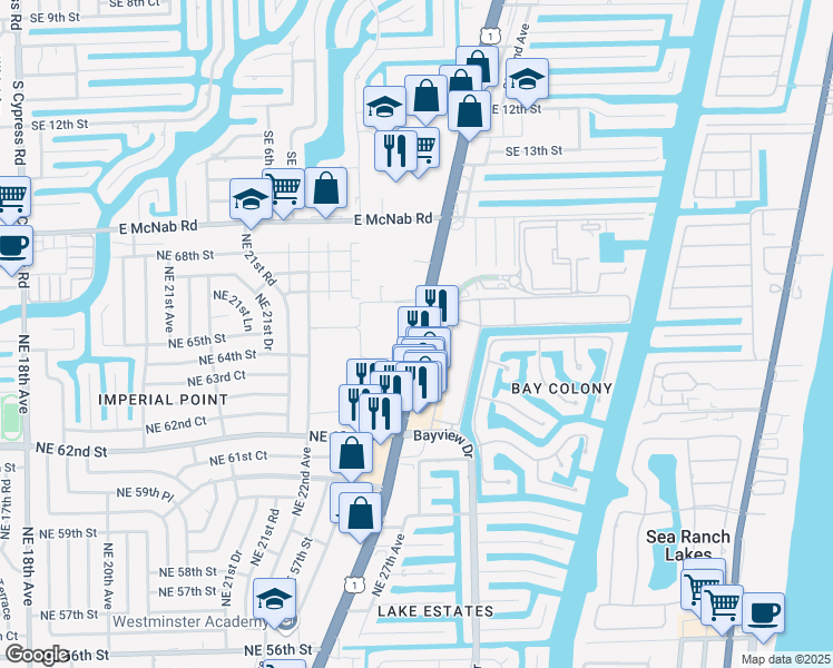 map of restaurants, bars, coffee shops, grocery stores, and more near 6451 North Federal Highway in Fort Lauderdale