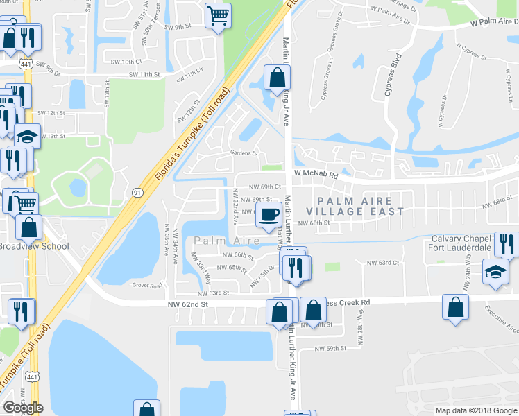 map of restaurants, bars, coffee shops, grocery stores, and more near 3140 Northwest 69th Street in Fort Lauderdale
