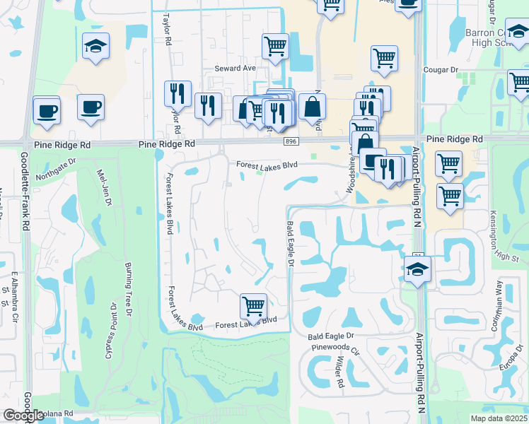 map of restaurants, bars, coffee shops, grocery stores, and more near 628 Woodshire Lane in Naples