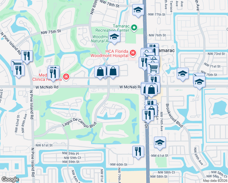map of restaurants, bars, coffee shops, grocery stores, and more near 7975 West McNab Road in Tamarac