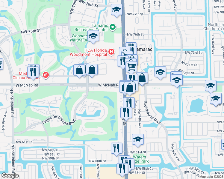map of restaurants, bars, coffee shops, grocery stores, and more near 7750 West McNab Road in Tamarac