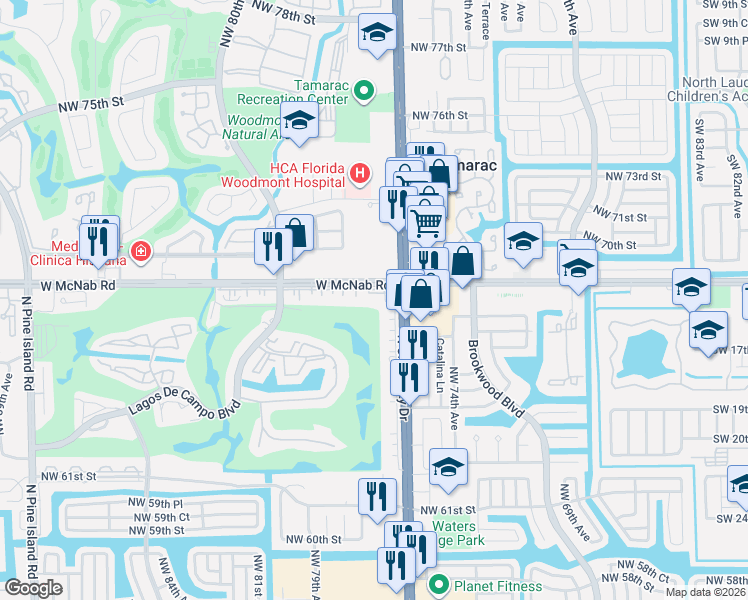 map of restaurants, bars, coffee shops, grocery stores, and more near 6899 North University Drive in Tamarac