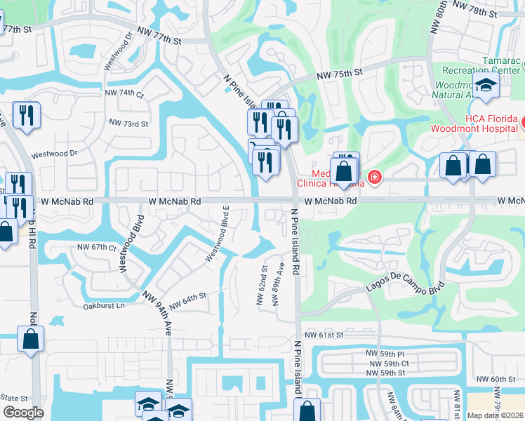 map of restaurants, bars, coffee shops, grocery stores, and more near 8846 West McNab Road in Tamarac