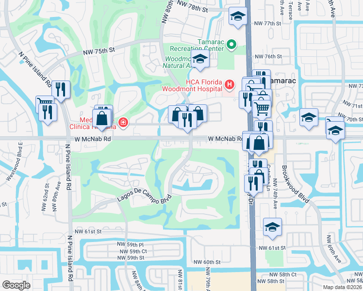 map of restaurants, bars, coffee shops, grocery stores, and more near 8061 West McNab Road in Tamarac