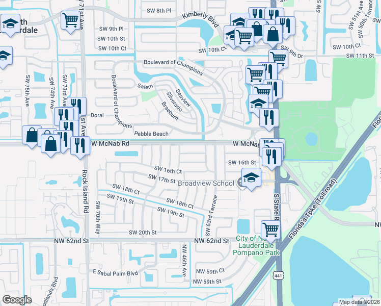 map of restaurants, bars, coffee shops, grocery stores, and more near 6441 Southwest 15th Court in Pompano Beach