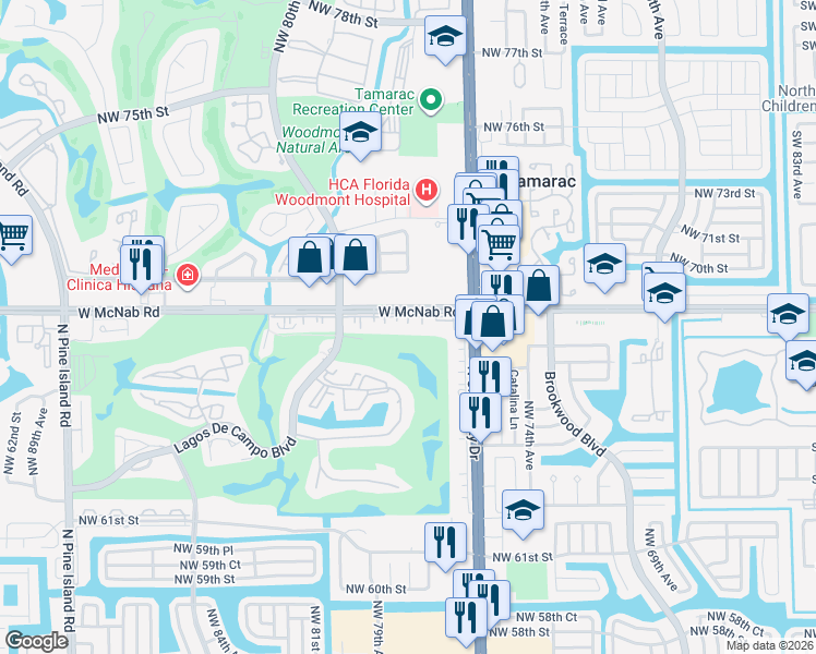 map of restaurants, bars, coffee shops, grocery stores, and more near 7750 West McNab Road in Tamarac
