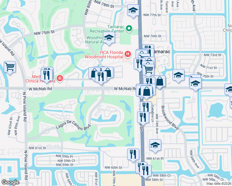 map of restaurants, bars, coffee shops, grocery stores, and more near 7850 West McNab Road in Tamarac
