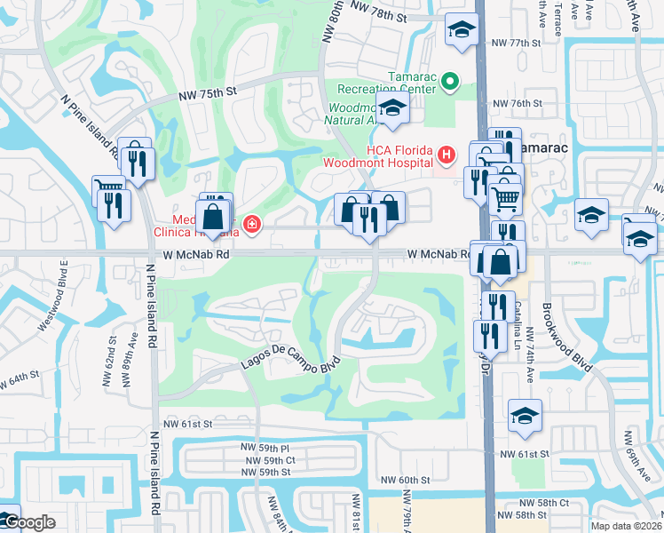 map of restaurants, bars, coffee shops, grocery stores, and more near 8150 West McNab Road in Tamarac