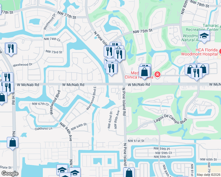 map of restaurants, bars, coffee shops, grocery stores, and more near 8846 West McNab Road in Tamarac