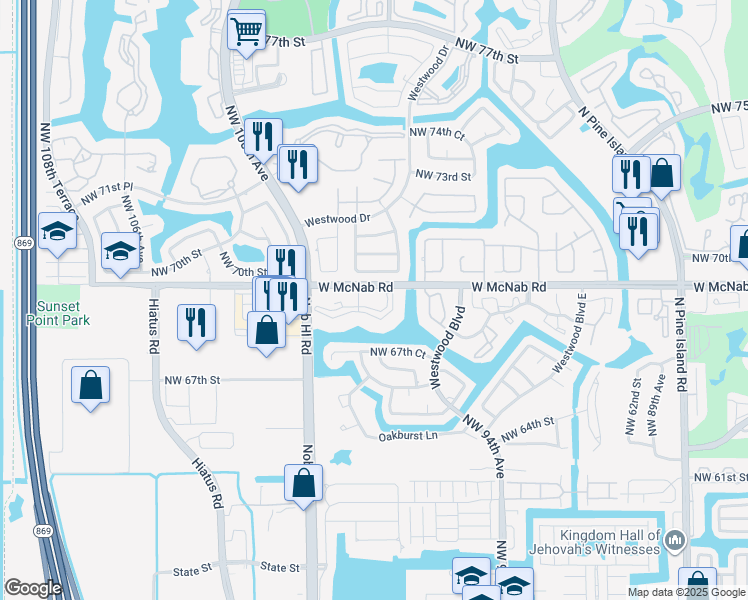 map of restaurants, bars, coffee shops, grocery stores, and more near 9701 West McNab Road in Tamarac