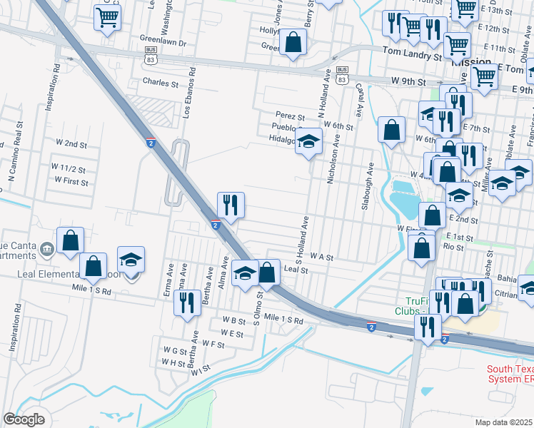 map of restaurants, bars, coffee shops, grocery stores, and more near 821 West First Street in Mission