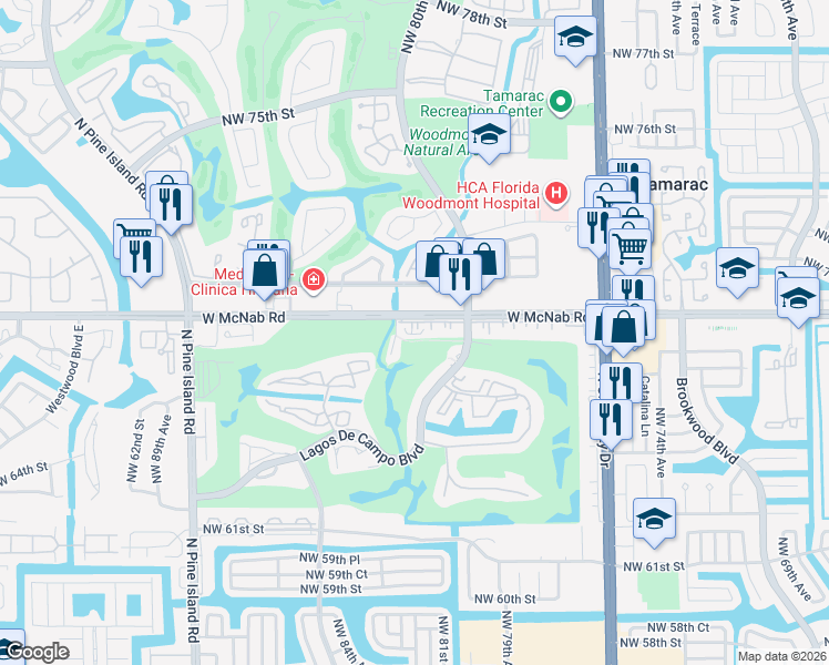 map of restaurants, bars, coffee shops, grocery stores, and more near 8150 West McNab Road in Tamarac